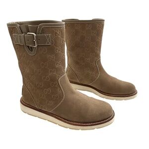 Gucci Beige Guccissima Taupe Suede Quercy Flat Buckle Boots Size 36.5 | US 6.5